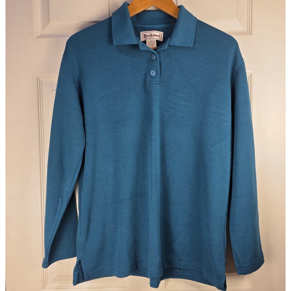 Vtg Bechamel Women's Teal Green Collared Blouse Activewear Top ‎ Long Sleeve M